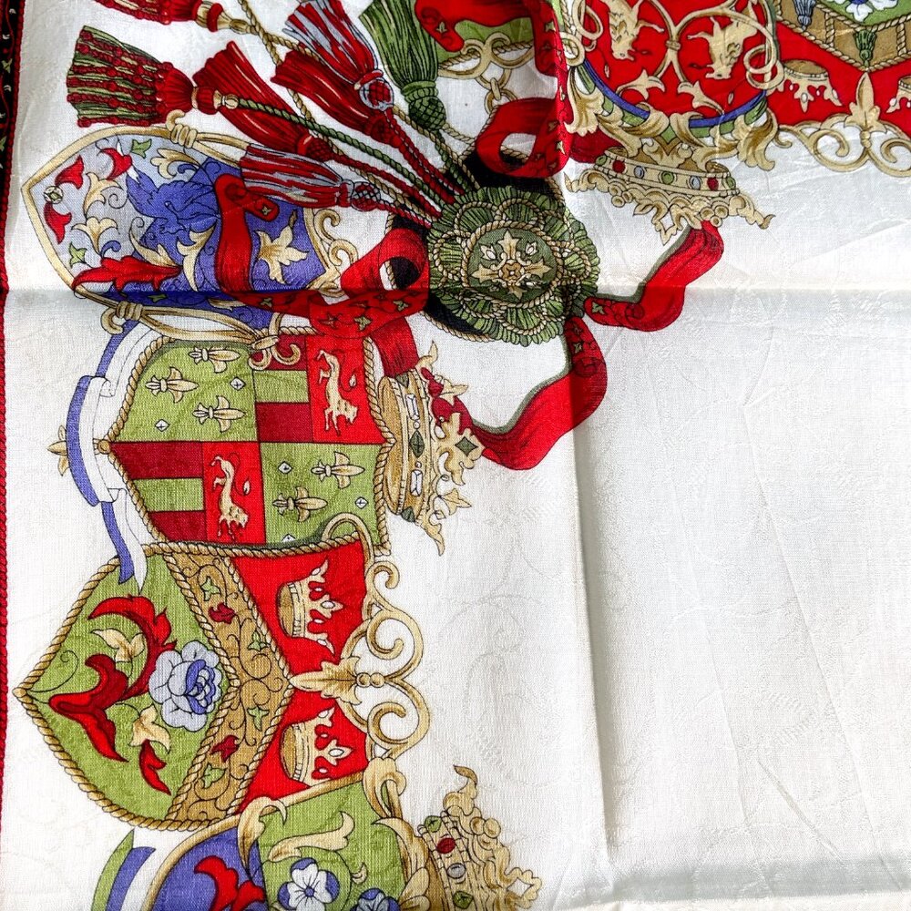 CELINE Paris Vintage Cotton Scarf Heraldic Crest Tassel Equestrian 20” Square - Picture 10 of 14